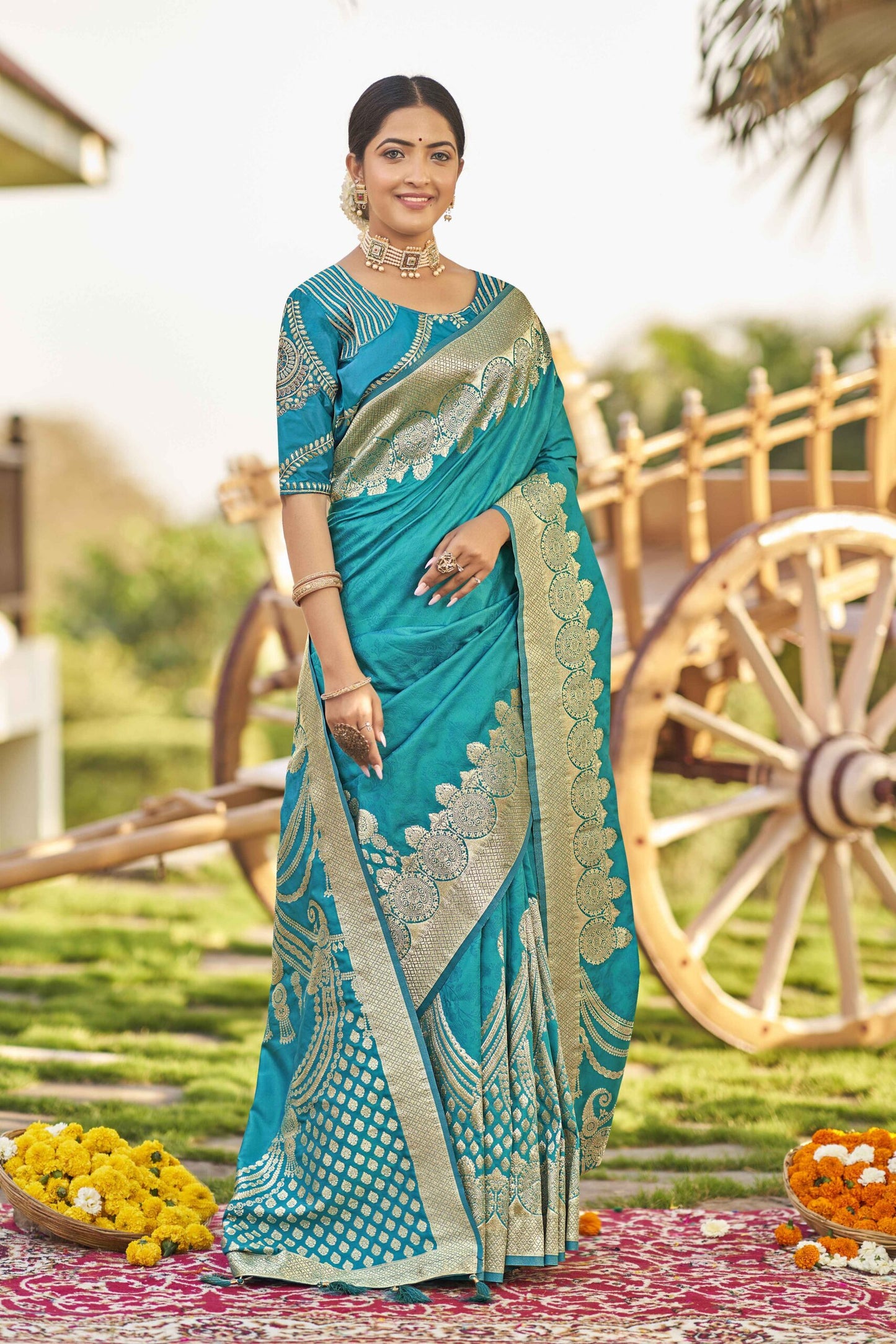 ZEEKHA Woven Banarasi Jacquard Withe Embroidery Work blouse  Saree  (Blue)-ZSEIELK01