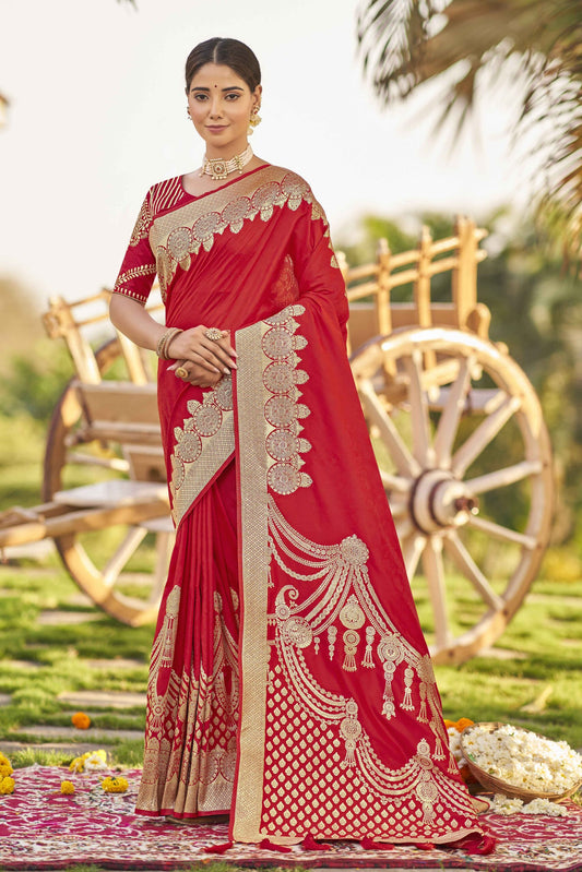 ZEEKHA Woven Banarasi Jacquard Withe Embroidery Work blouse  Saree  (Red)-ZSEIELK01