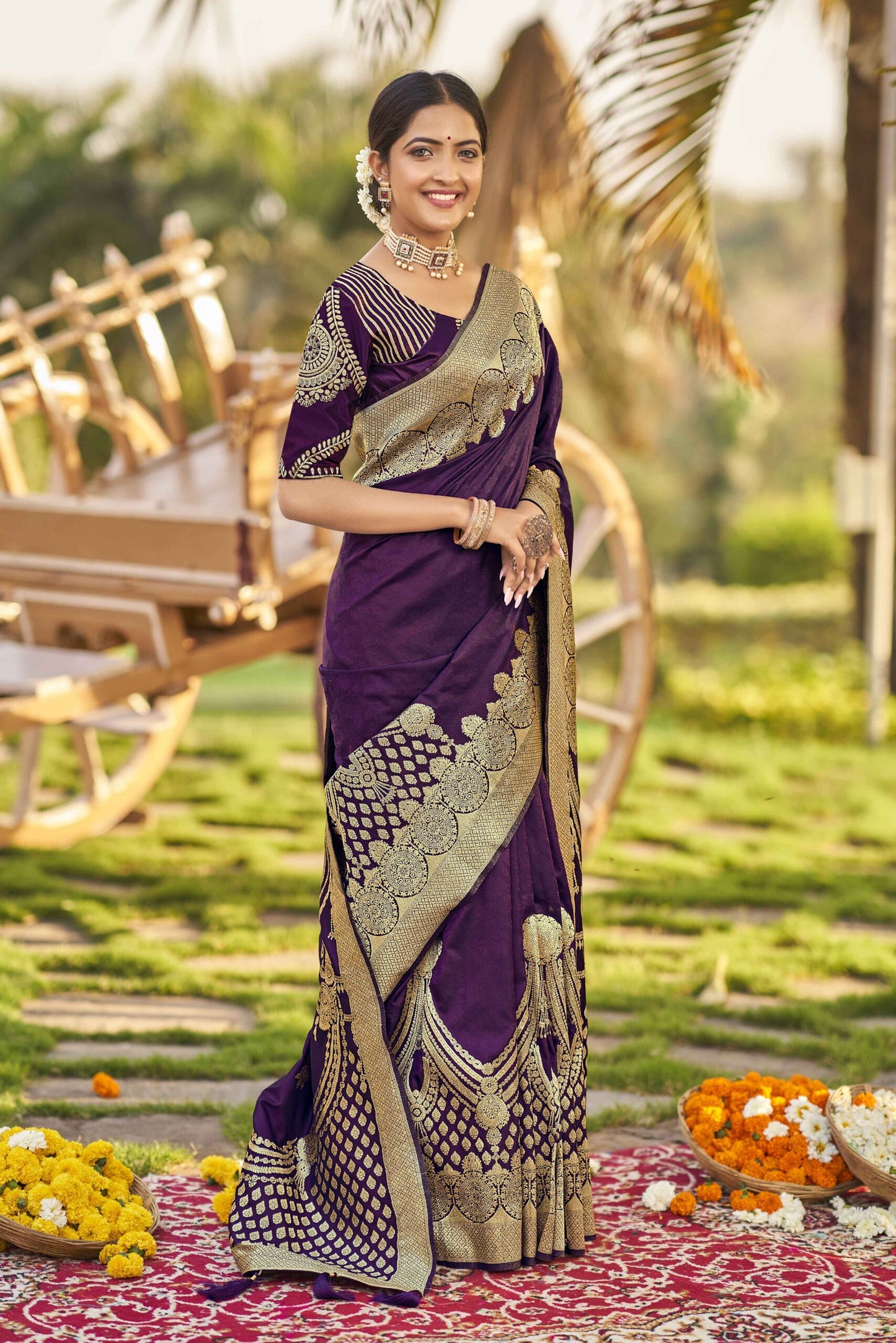 ZEEKHA Woven Banarasi Jacquard Withe Embroidery Work blouse  Saree  (Purple)-ZSEIELK01