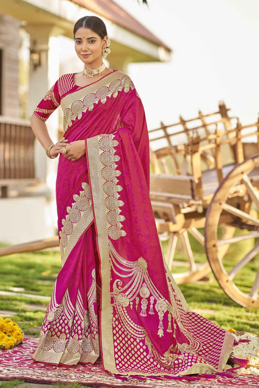 ZEEKHA Woven Banarasi Jacquard Withe Embroidery Work blouse  Saree  (Pink)-ZSEIELK01