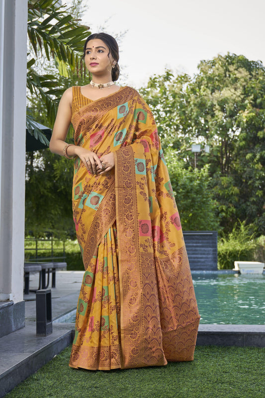 ZEEKHA Woven Banarasi Jacquard Saree  (Mustard)-ZSEIELK01