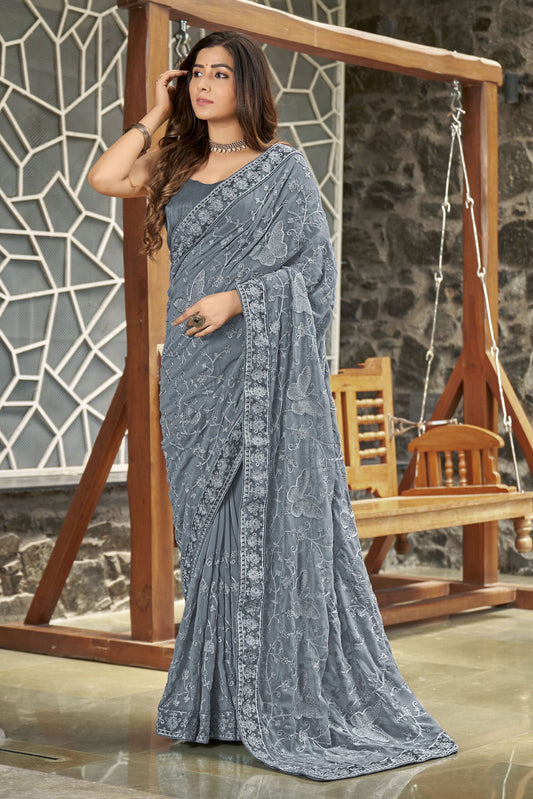 ZEEKHA Embellished Bollywood Georgette Saree  (Grey)