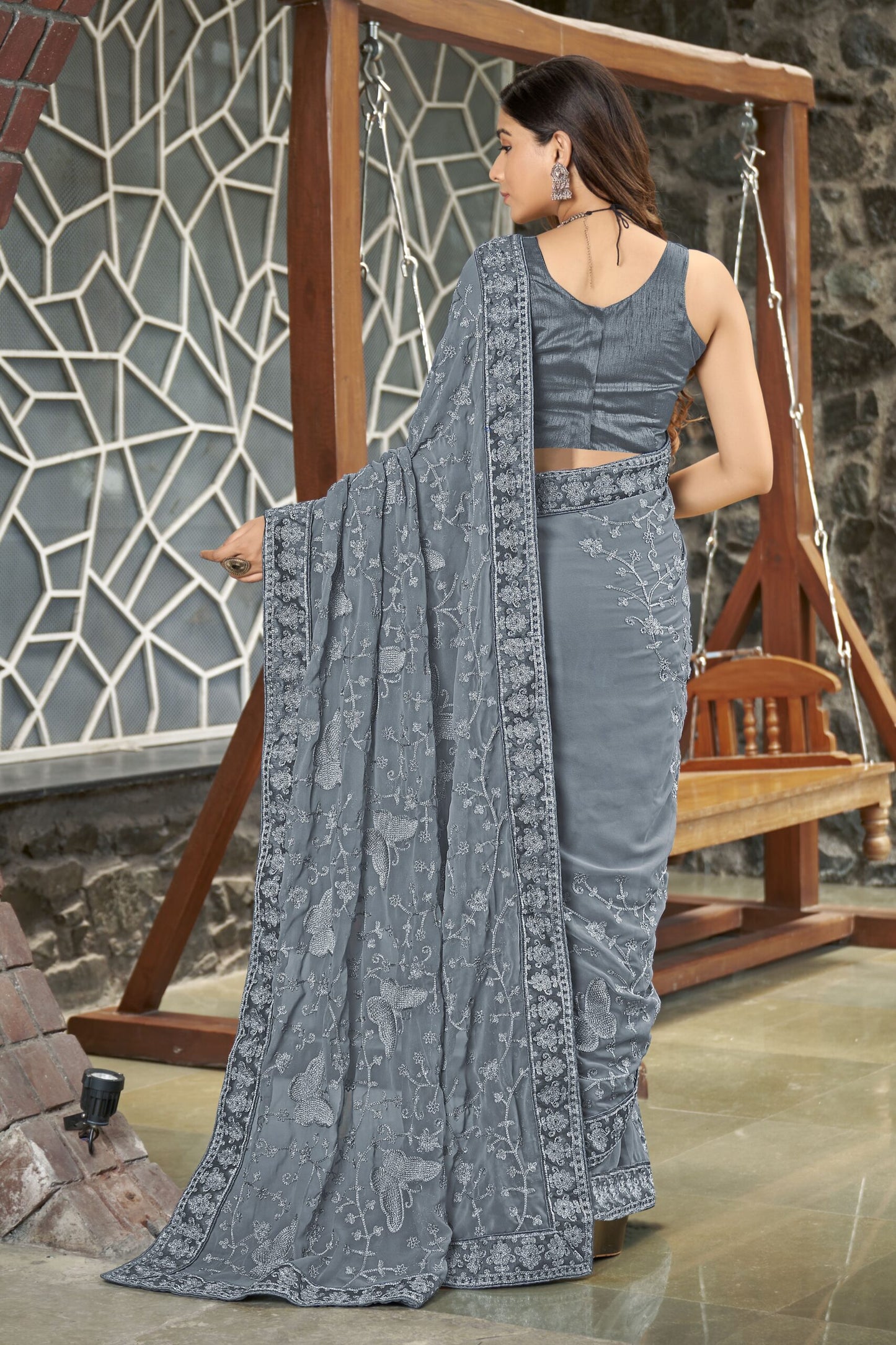 ZEEKHA Embellished Bollywood Georgette Saree  (Grey)