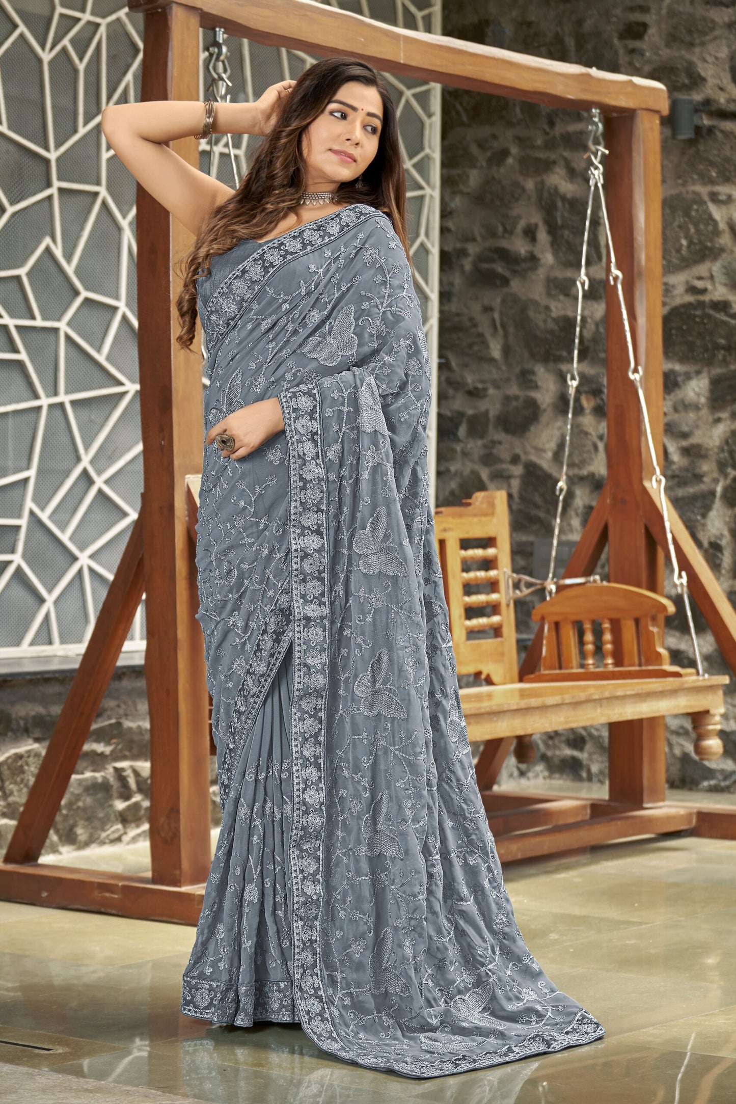 ZEEKHA Embellished Bollywood Georgette Saree  (Grey)