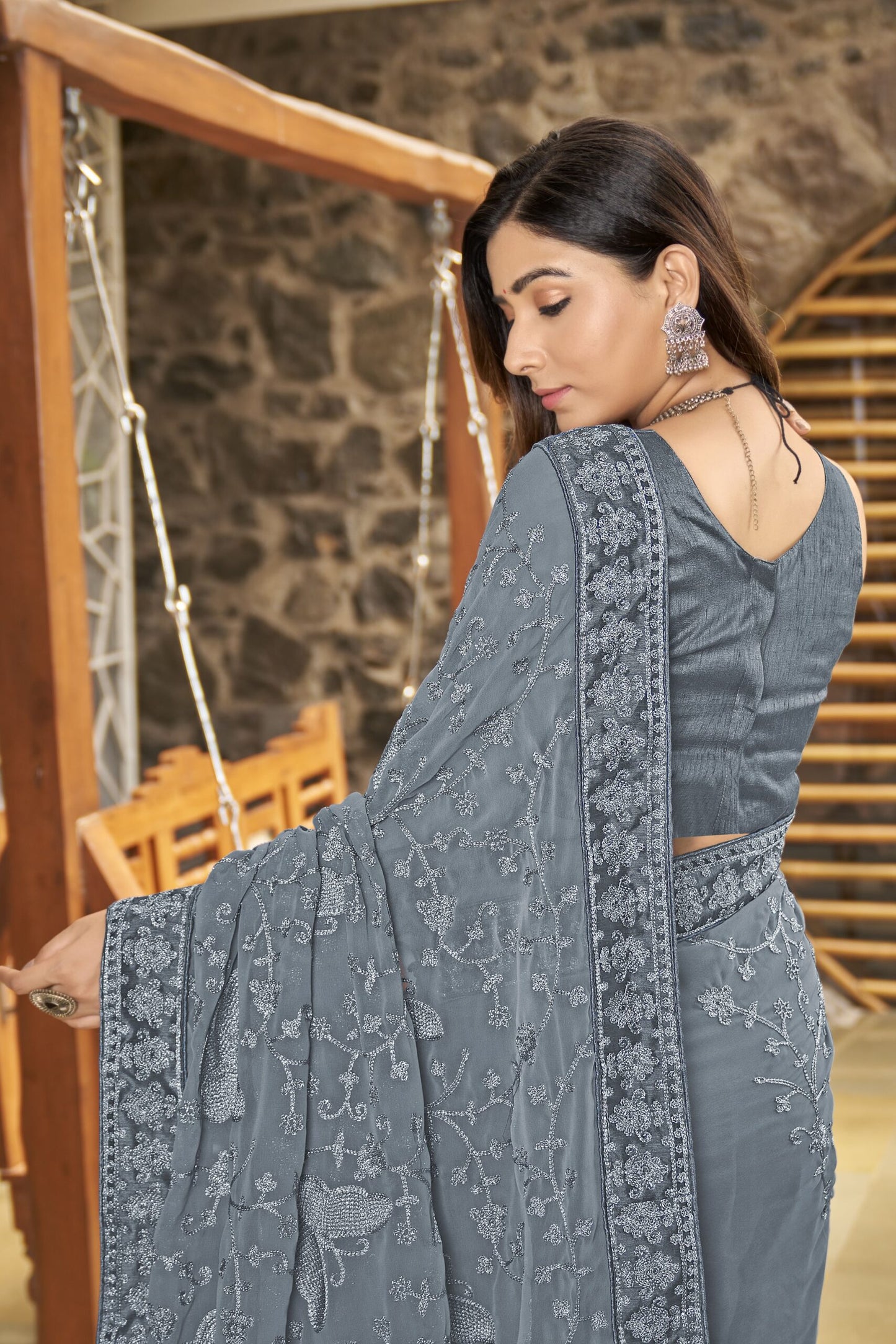 ZEEKHA Embellished Bollywood Georgette Saree  (Grey)