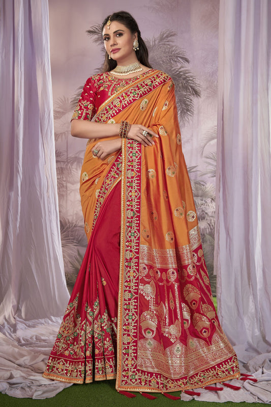 ZEEKHA Woven Banarasi Silk Blend Withe Embroidery Work Saree  (Orange, Red)-ZSEIELK01