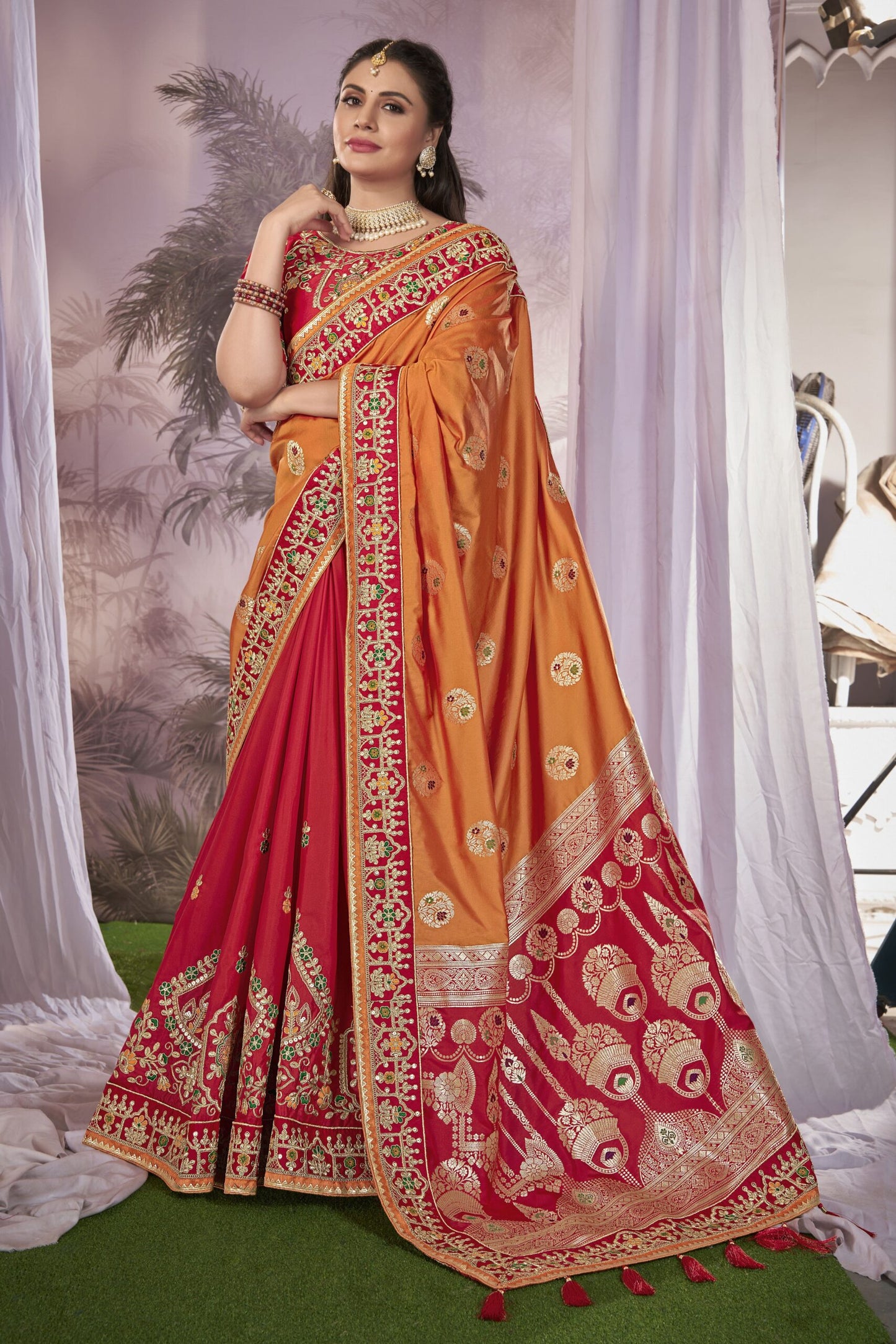 ZEEKHA Woven Banarasi Silk Blend Withe Embroidery Work Saree  (Orange, Red)-ZSEIELK01