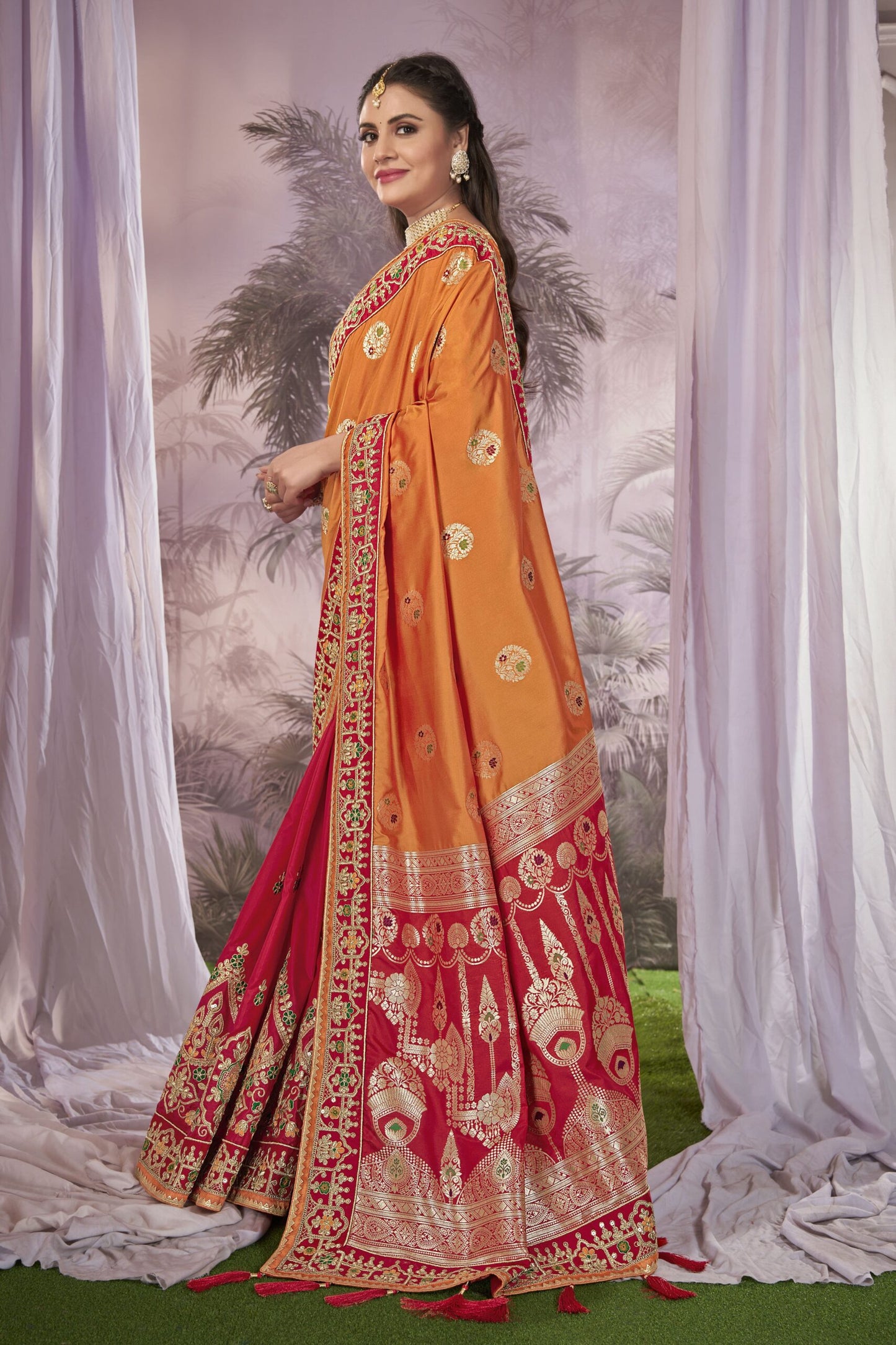 ZEEKHA Woven Banarasi Silk Blend Withe Embroidery Work Saree  (Orange, Red)-ZSEIELK01