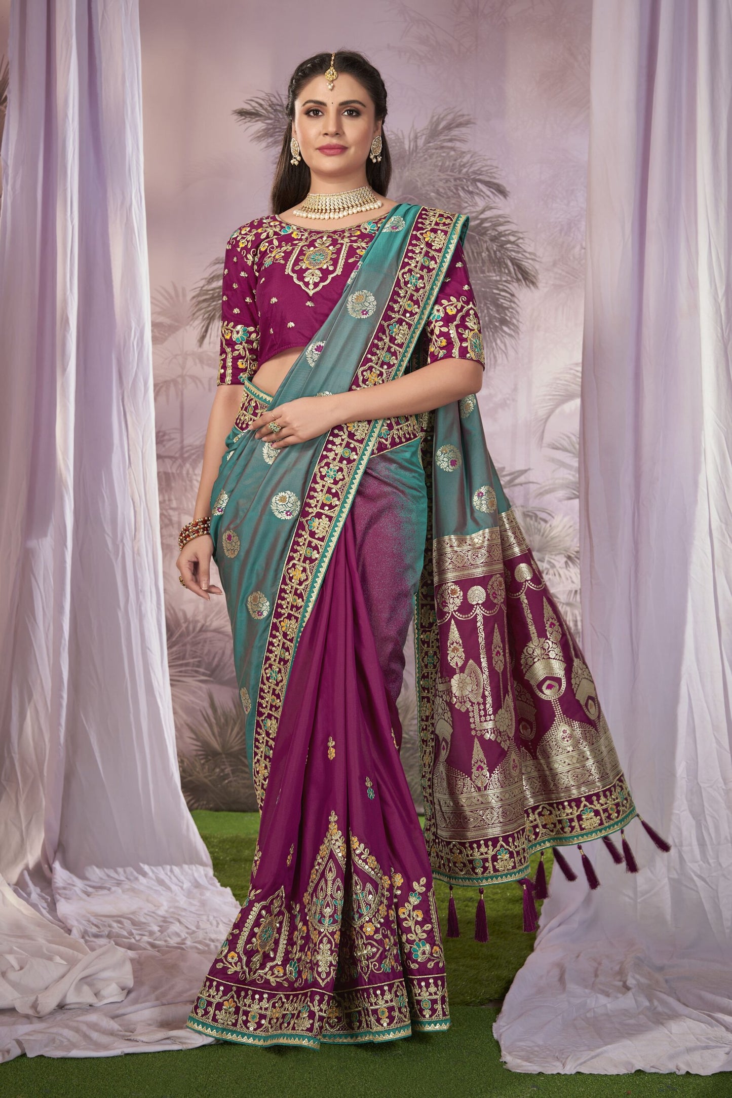 ZEEKHA Woven Banarasi Silk Withe Embroidery Work Saree  (Blue & Pink)-ZSEIELK01