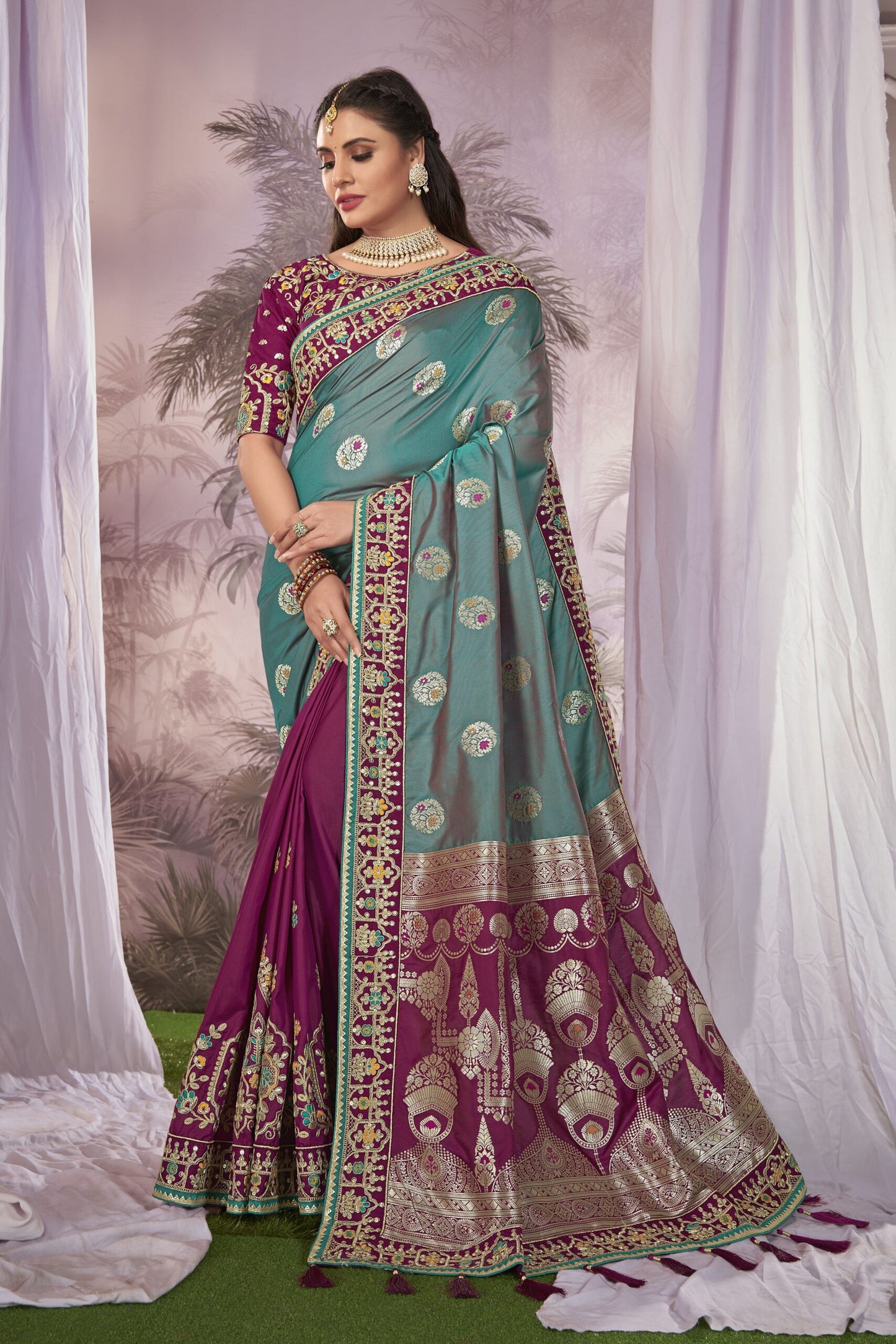 ZEEKHA Woven Banarasi Silk Withe Embroidery Work Saree  (Blue & Pink)-ZSEIELK01