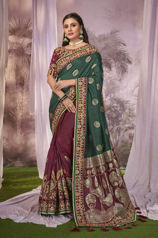 ZEEKHA Woven Banarasi Silk Withe Embroidery Work Saree  (Green & Maroon)-ZSEIELK01