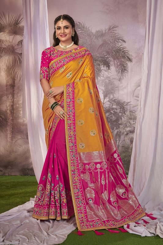 ZEEKHA Woven Banarasi Silk Withe Embroidery Work Saree  (Pink & Yellow)-ZSEIELK01