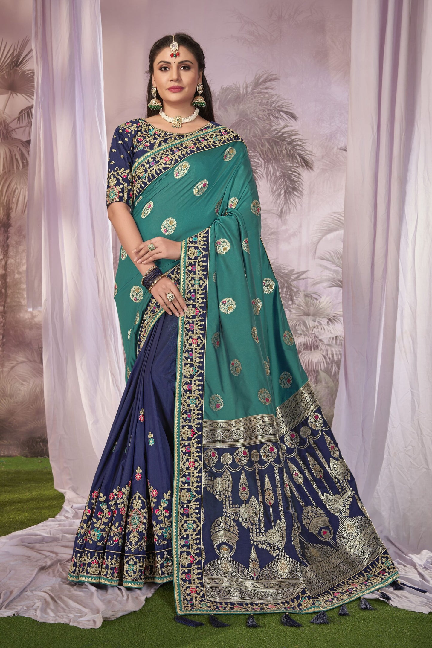 ZEEKHA Woven Banarasi Silk Withe Embroidery Work Saree  (Green & Navy Blue)-ZSEIELK01