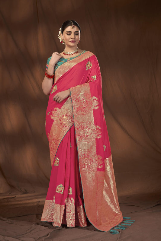 ZEEKHA Woven Banarasi Silk Withe Embroidery Work Saree  (Pink)-ZSEIELK01