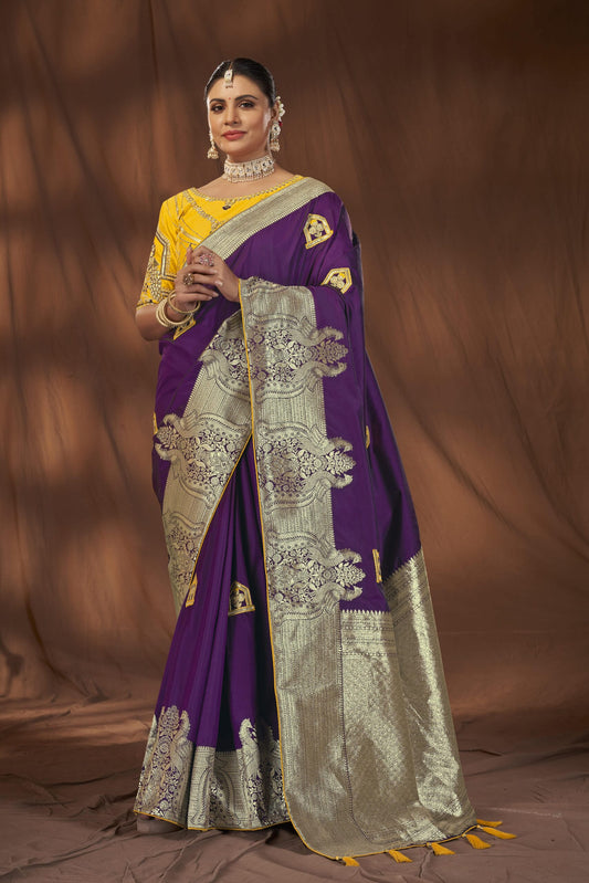 ZEEKHA Woven Banarasi Silk Withe Embroidery Work Saree  (Purple)-ZSEIELK01