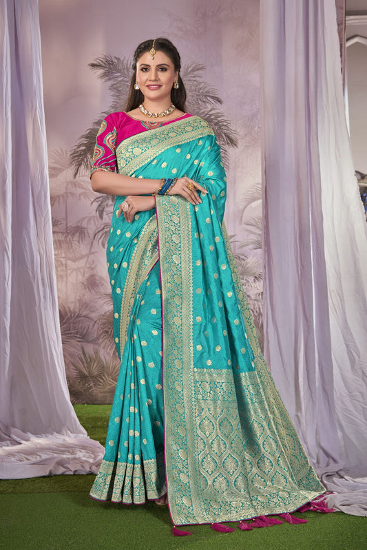 ZEEKHA Woven Banarasi Silk Withe Embroidery Work blouse  Saree  (Light Blue)-ZSEIELK01