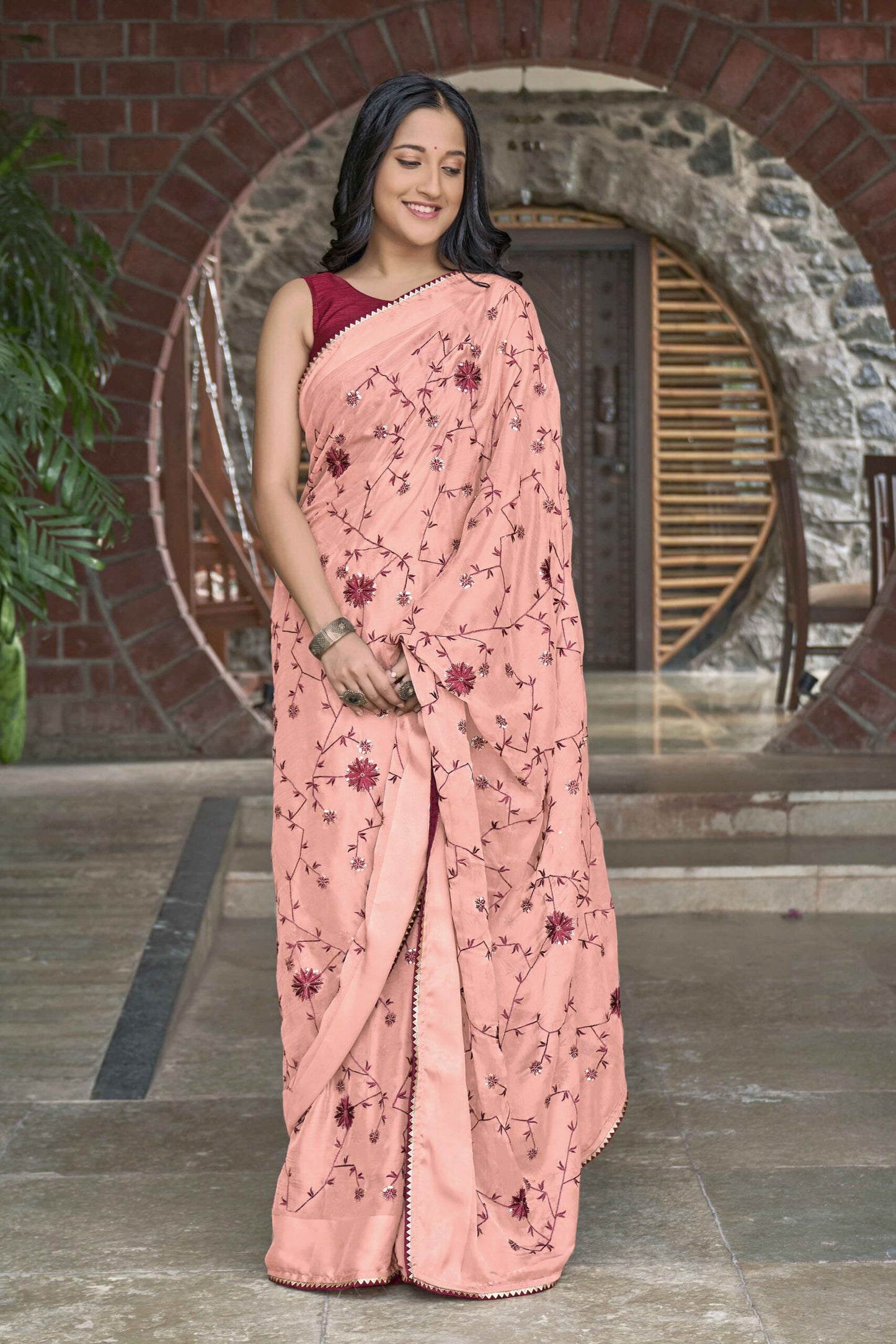 ZEEKHA Embellished Bollywood Georgette Saree  (Pink)