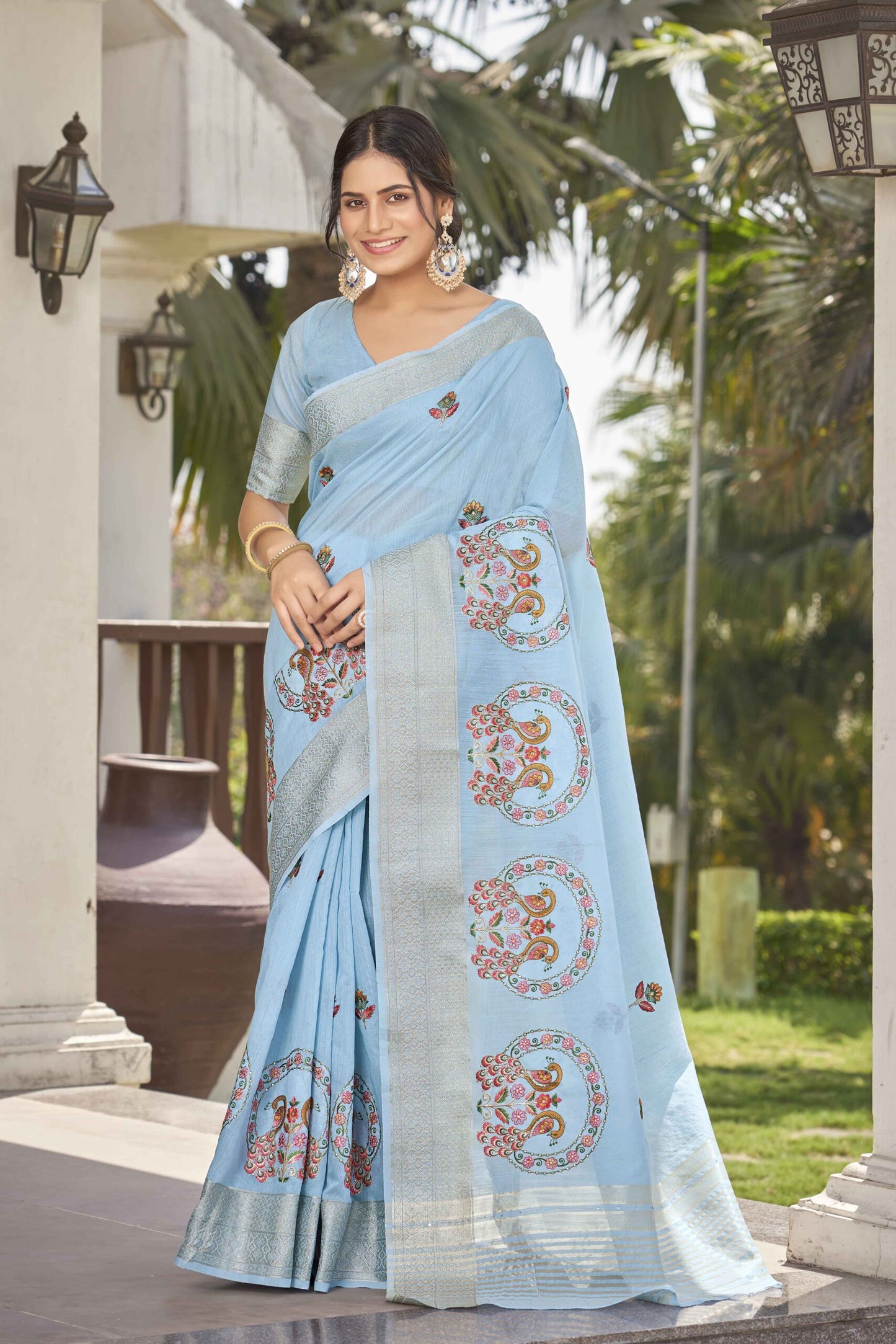 ZEEKHA Woven Poly  Cotton Silk Withe Embroidery peacock Work Saree (Sky Blue)-ZSEIELK01