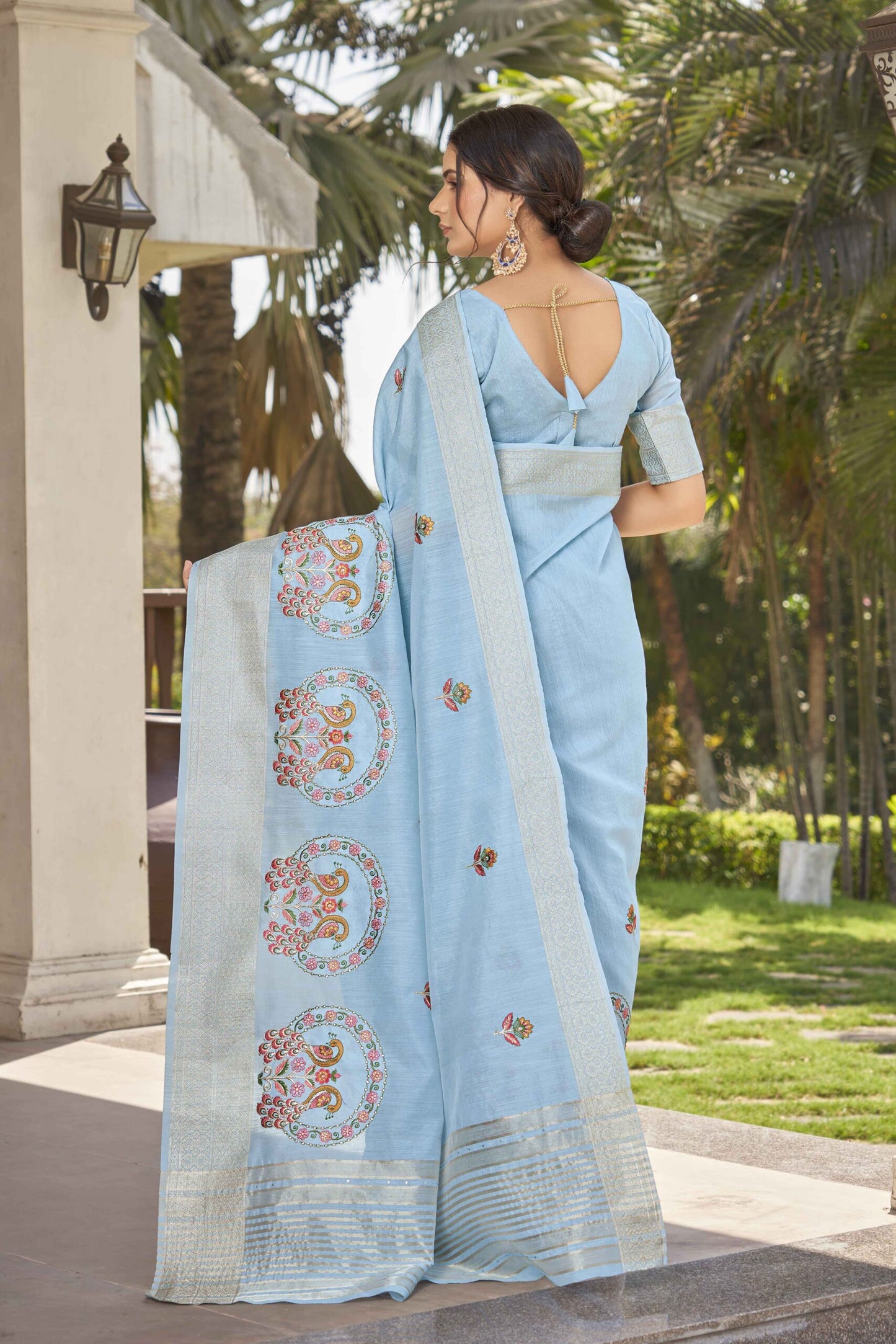 ZEEKHA Woven Poly  Cotton Silk Withe Embroidery peacock Work Saree (Sky Blue)-ZSEIELK01