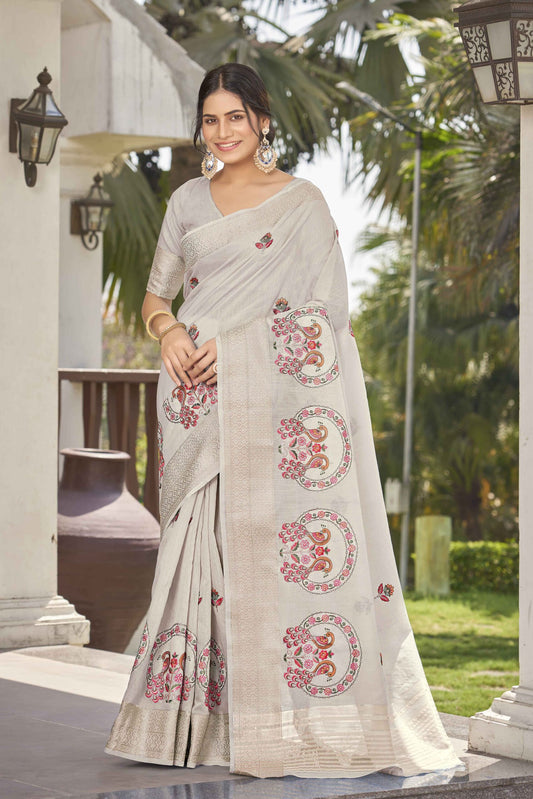 ZEEKHA Woven Poly Cotton Silk Withe Embroidery peacock Work Saree (Cream)-ZSEIELK01