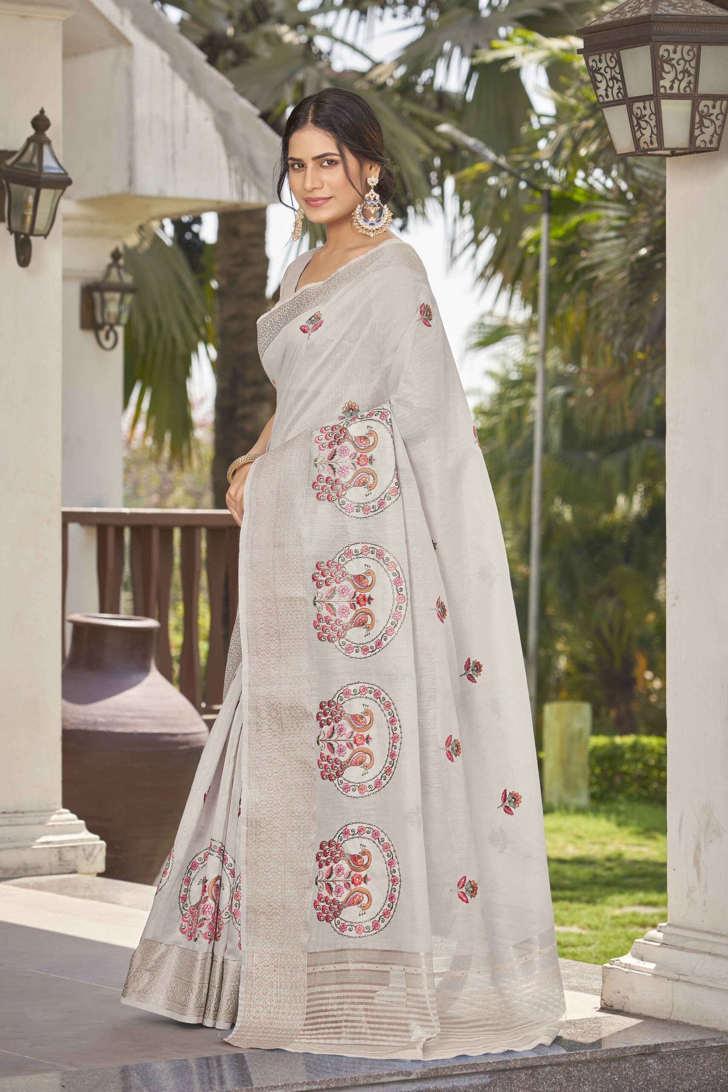 ZEEKHA Woven Poly Cotton Silk Withe Embroidery peacock Work Saree (Cream)-ZSEIELK01