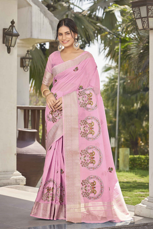 ZEEKHA Woven Poly Cotton Silk Withe Embroidery peacock Work Saree (Pink)-ZSEIELK01