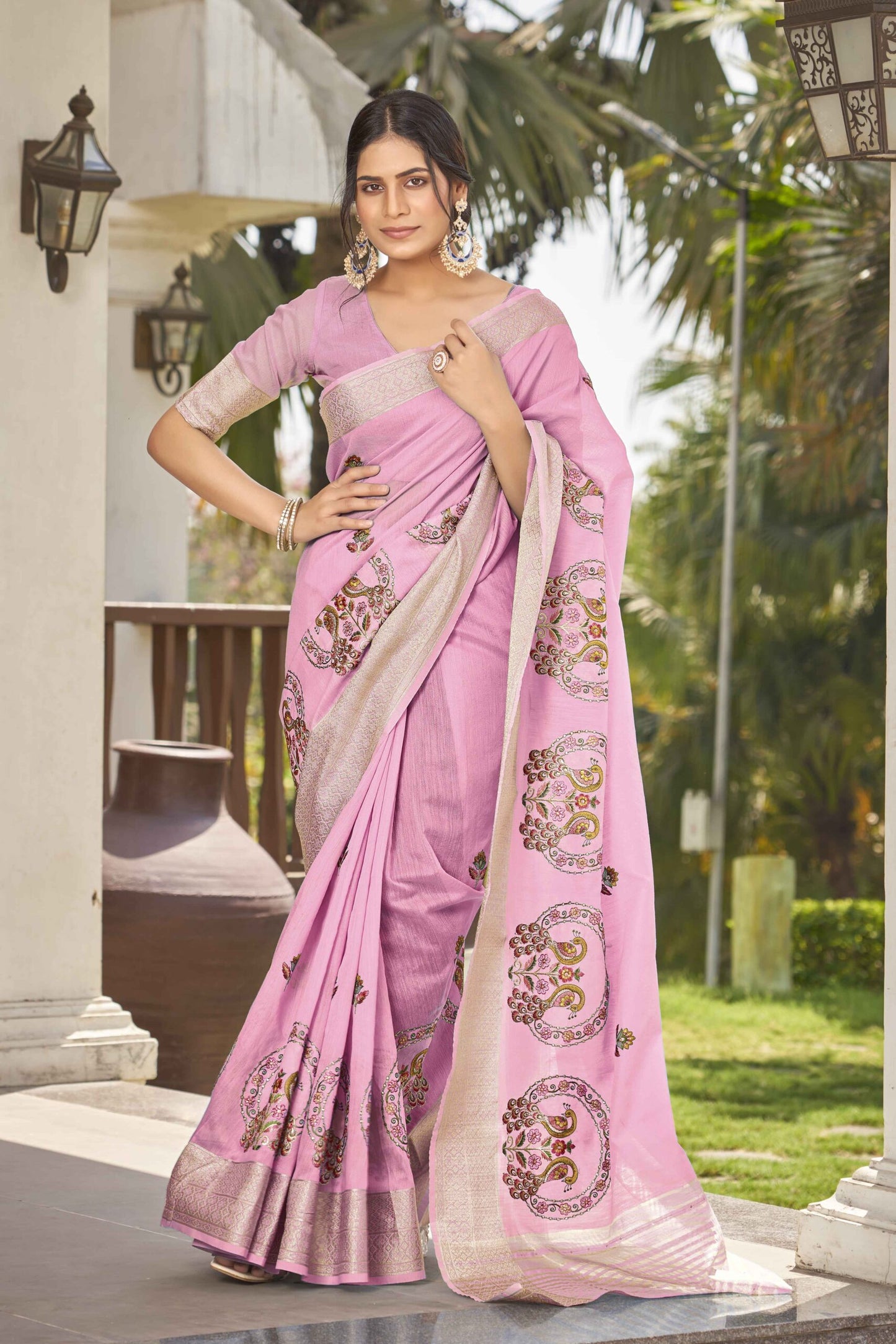 ZEEKHA Woven Poly Cotton Silk Withe Embroidery peacock Work Saree (Pink)-ZSEIELK01