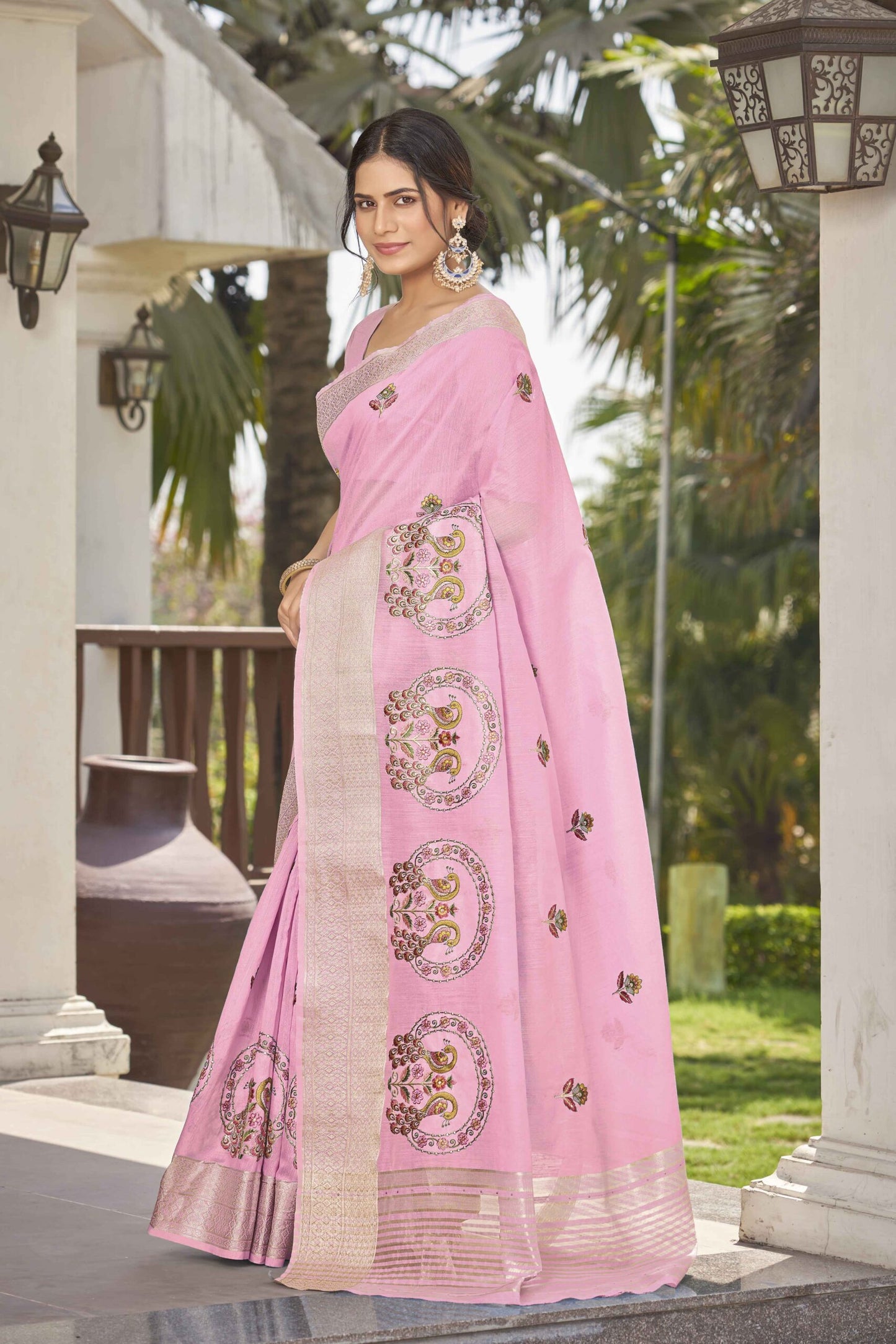 ZEEKHA Woven Poly Cotton Silk Withe Embroidery peacock Work Saree (Pink)-ZSEIELK01