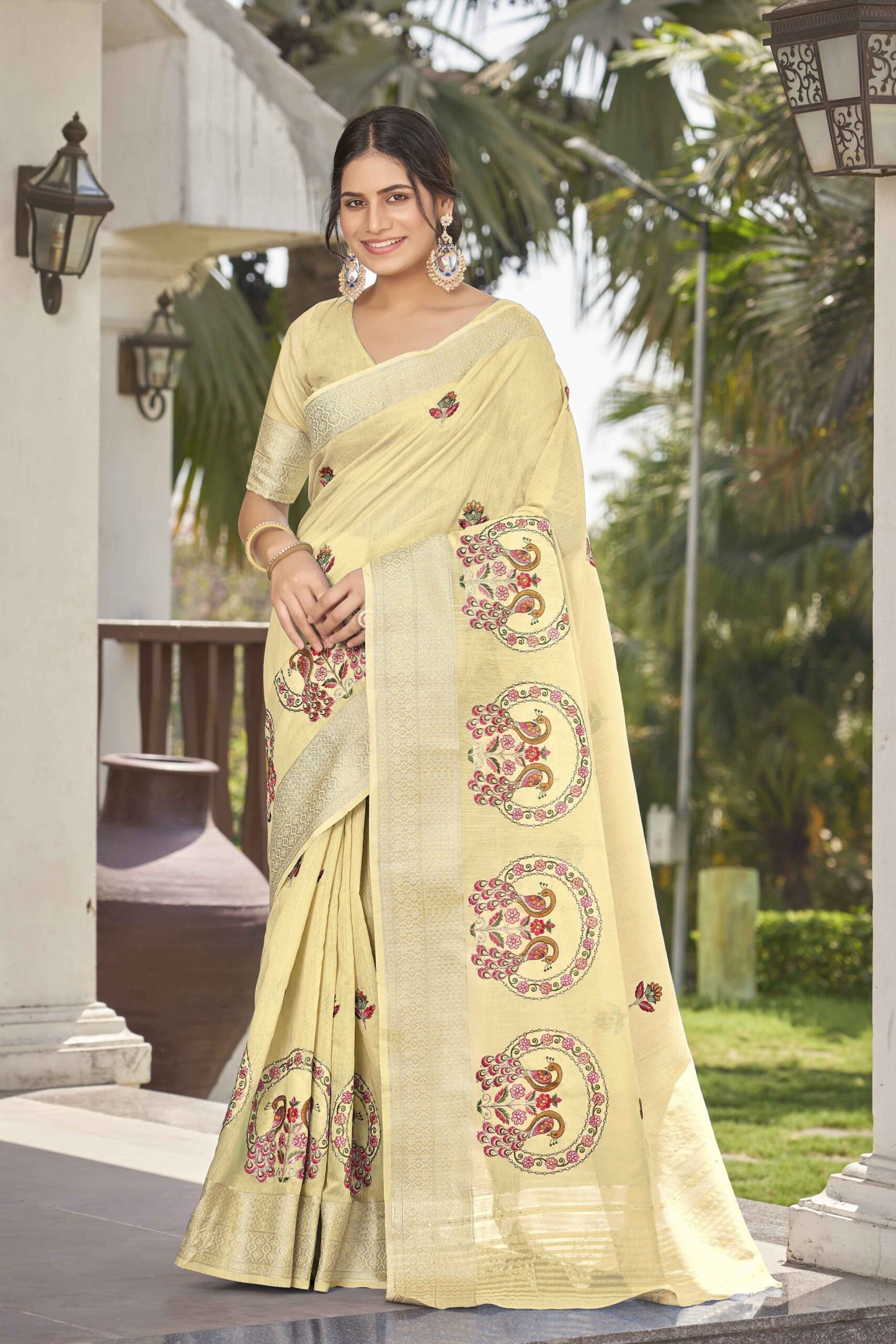 ZEEKHA Woven Poly Cotton Silk Withe Embroidery peacock Work Saree (Yellow)-ZSEIELK01