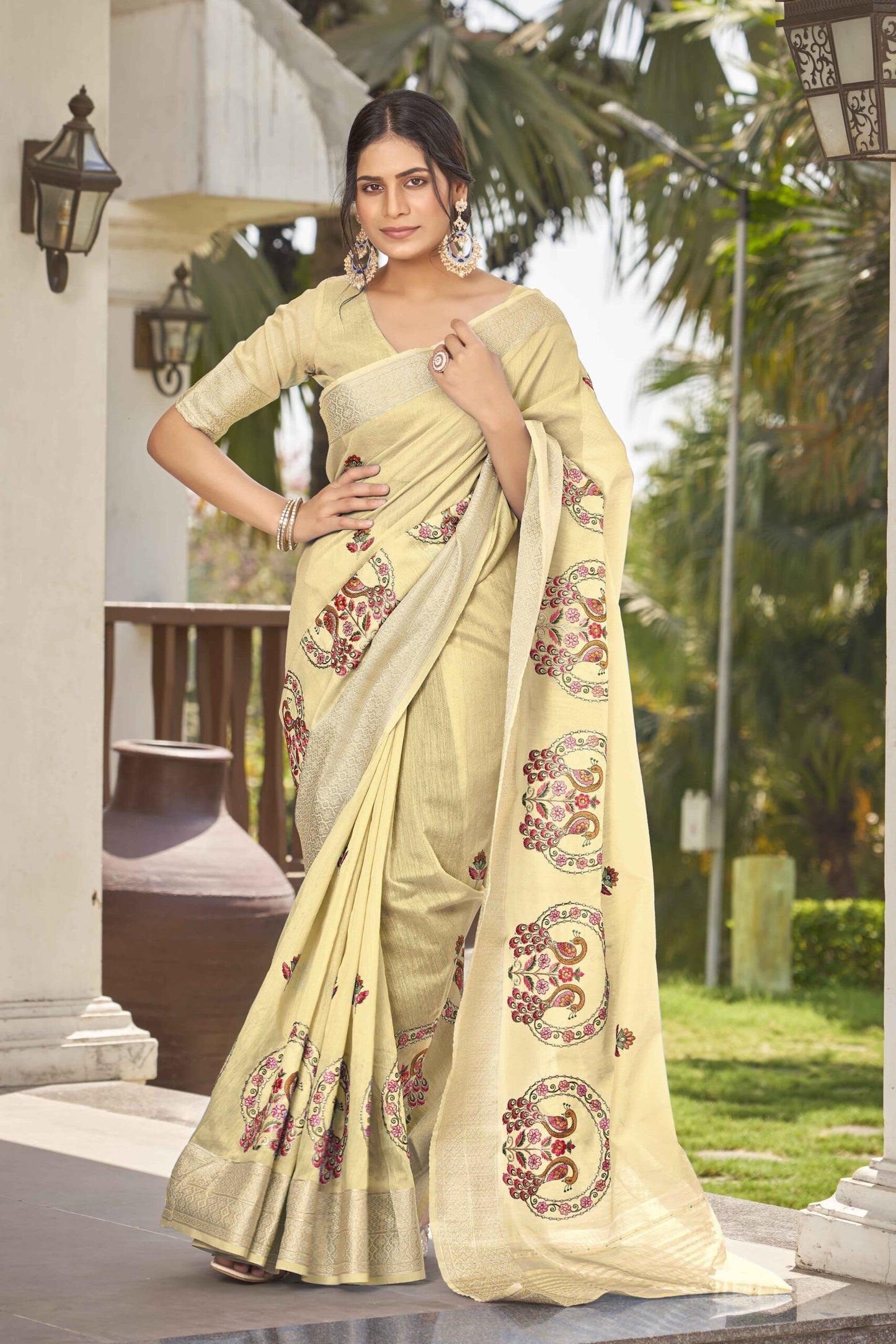 ZEEKHA Woven Poly Cotton Silk Withe Embroidery peacock Work Saree (Yellow)-ZSEIELK01