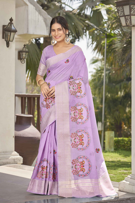 ZEEKHA Woven Poly Cotton Silk Withe Embroidery peacock Work Saree (Lavender)-ZSEIELK01