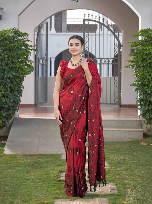 ZEEKHA Woven Jequard Nylon Dola Silk  Saree (Red) - ZSEIELK01