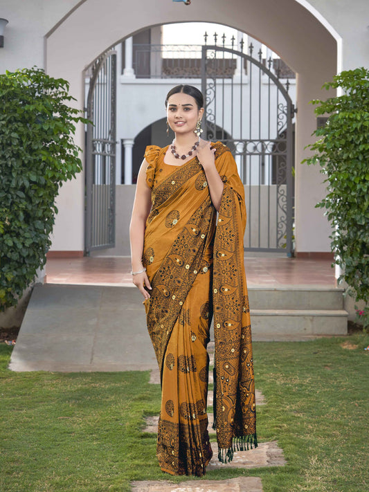 ZEEKHA Woven Jequard Nylon Dola Silk  Saree (Mustard) - ZSEIELK01