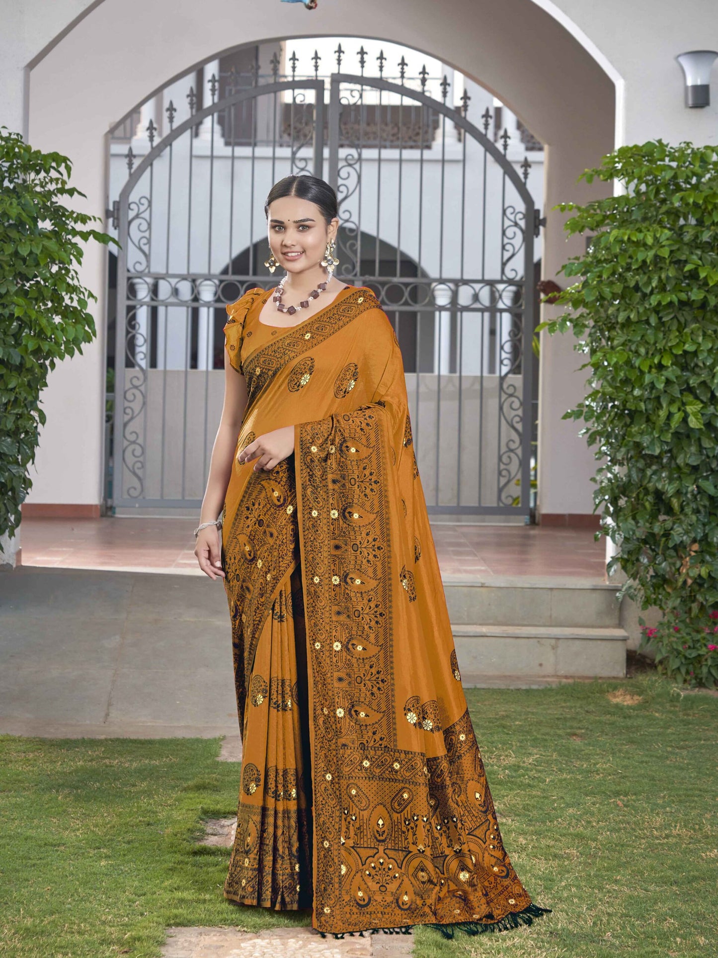 ZEEKHA Woven Jequard Nylon Dola Silk  Saree (Mustard) - ZSEIELK01