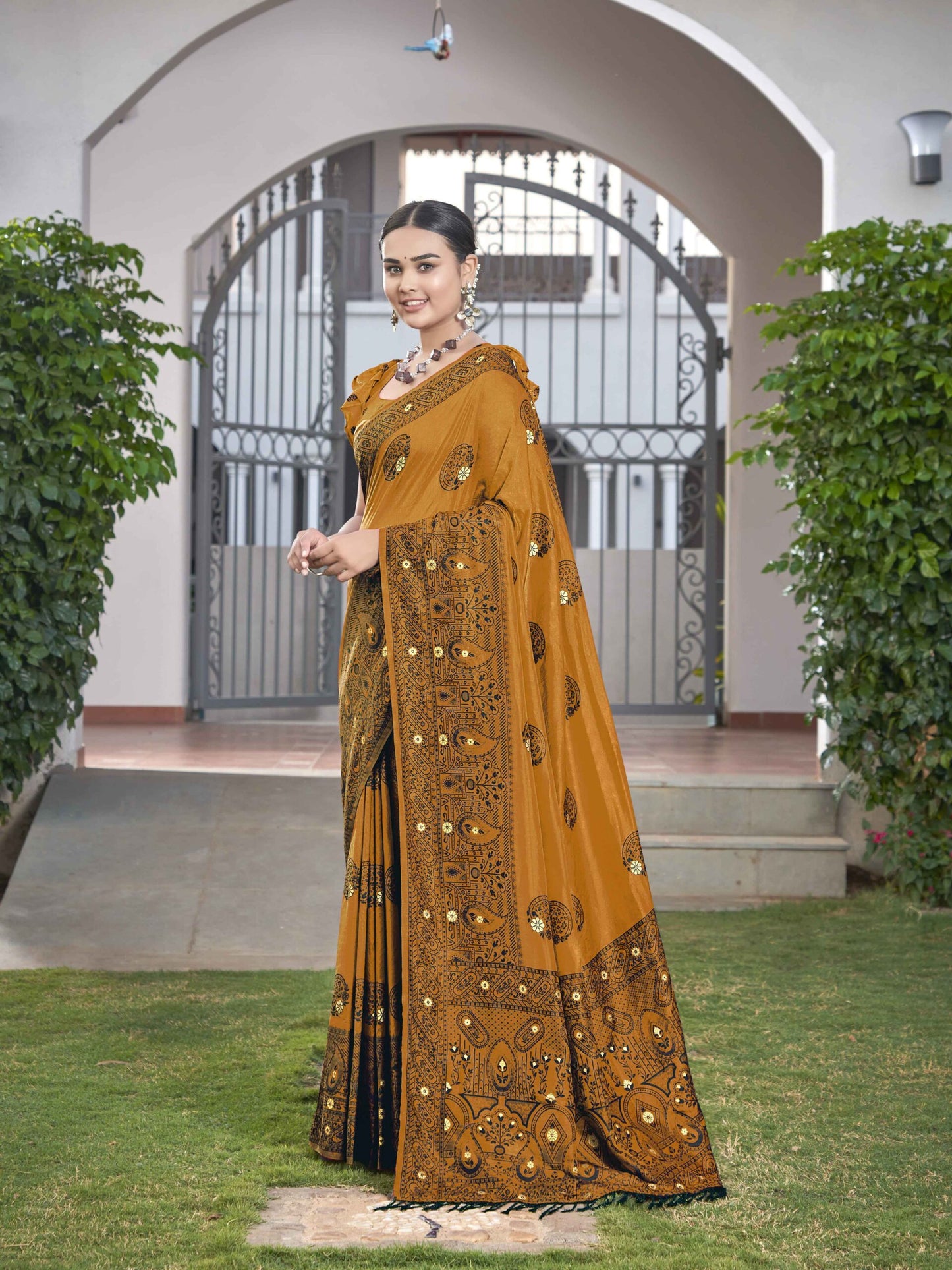 ZEEKHA Woven Jequard Nylon Dola Silk  Saree (Mustard) - ZSEIELK01