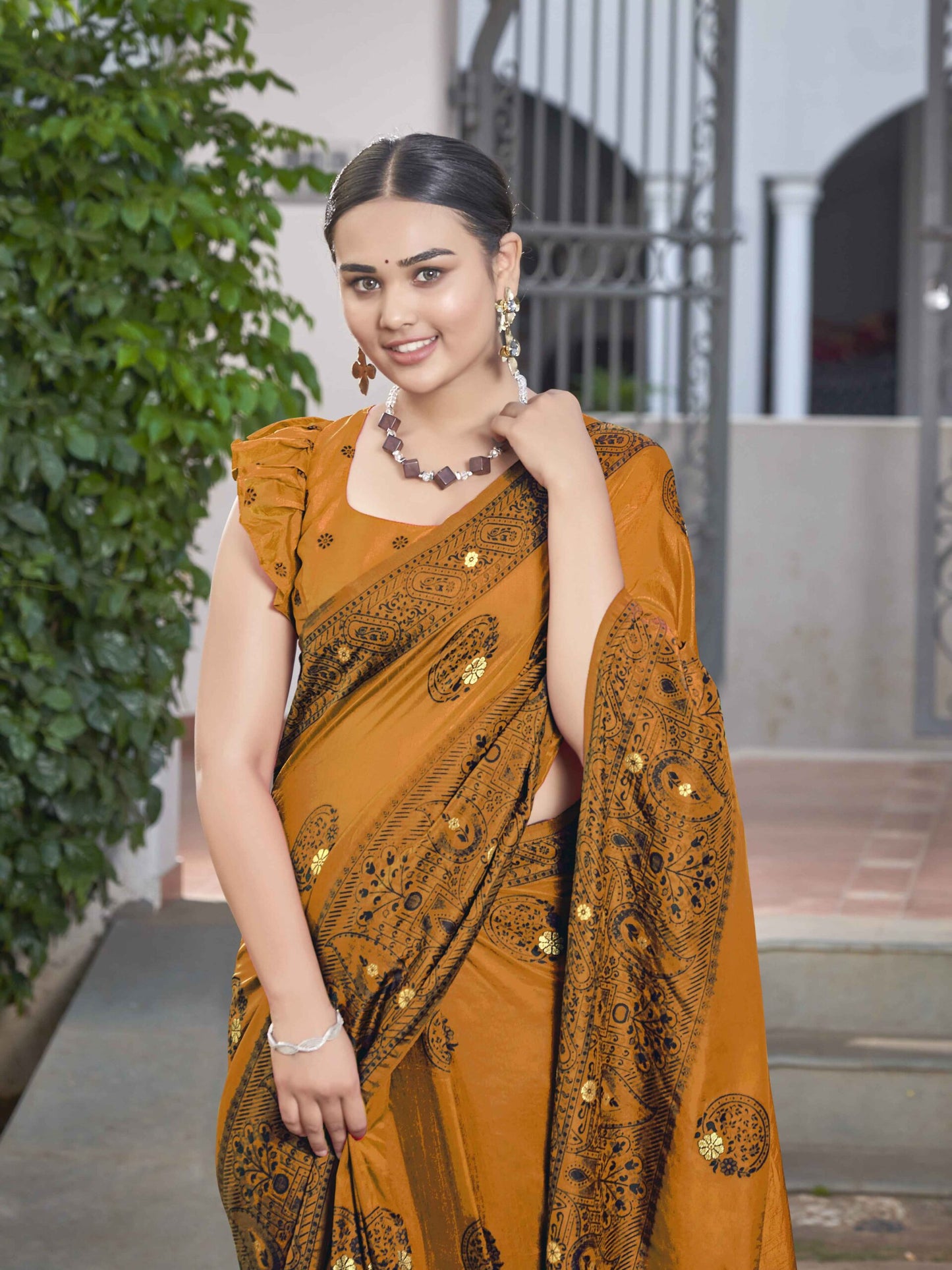 ZEEKHA Woven Jequard Nylon Dola Silk  Saree (Mustard) - ZSEIELK01