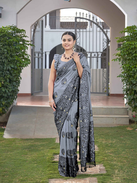 ZEEKHA Woven Jequard Nylon Dola Silk  Saree (Grey) - ZSEIELK01