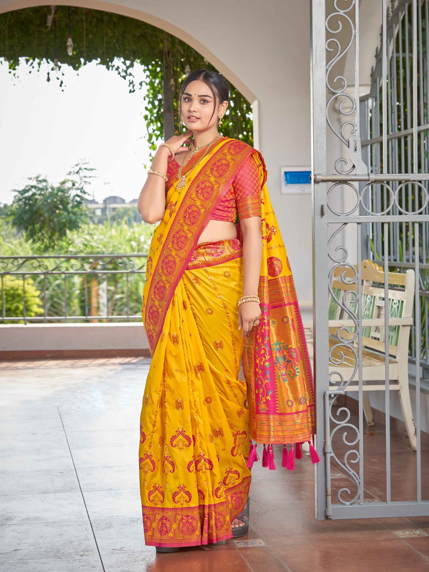 ZEEKHA Woven Banarasi Jequard Paithani Style Silk  Saree (Mustard)-ZSEIELK01