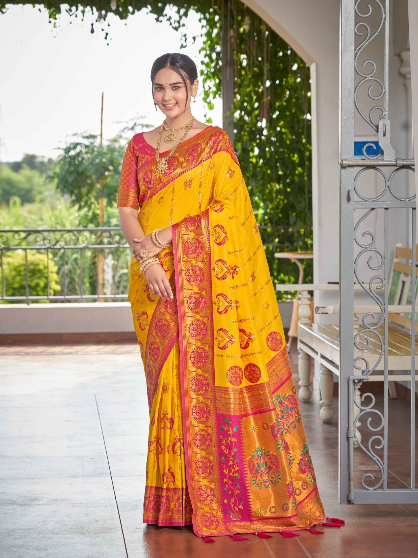 ZEEKHA Woven Banarasi Jequard Paithani Style Silk  Saree (Mustard)-ZSEIELK01