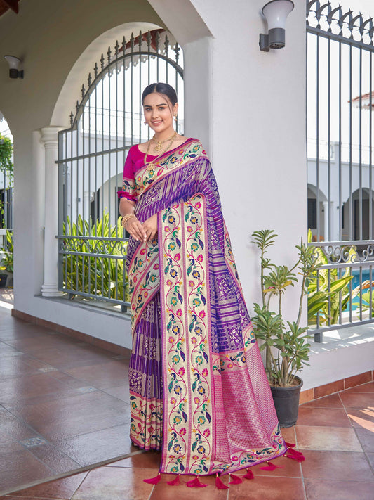 ZEEKHA Woven Banarasi Jequard Paithani Style Silk  Saree (Purple)-ZSEIELK01