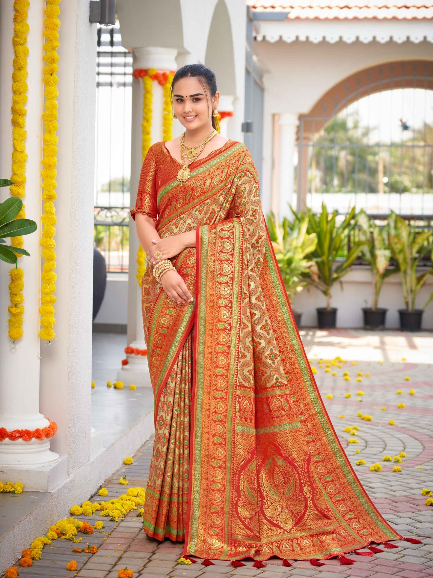 ZEEKHA Woven Banarasi Jequard Patola Style Silk  Saree (Orange)-ZSEIELK01