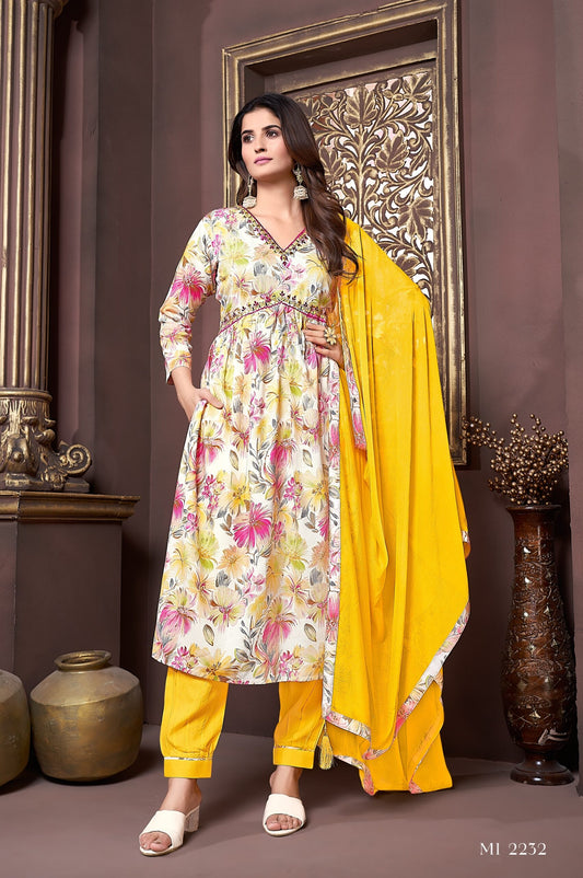 ZEEKHA Women Premium Rayon Kurta Pant Dupatta Set (Yellow)