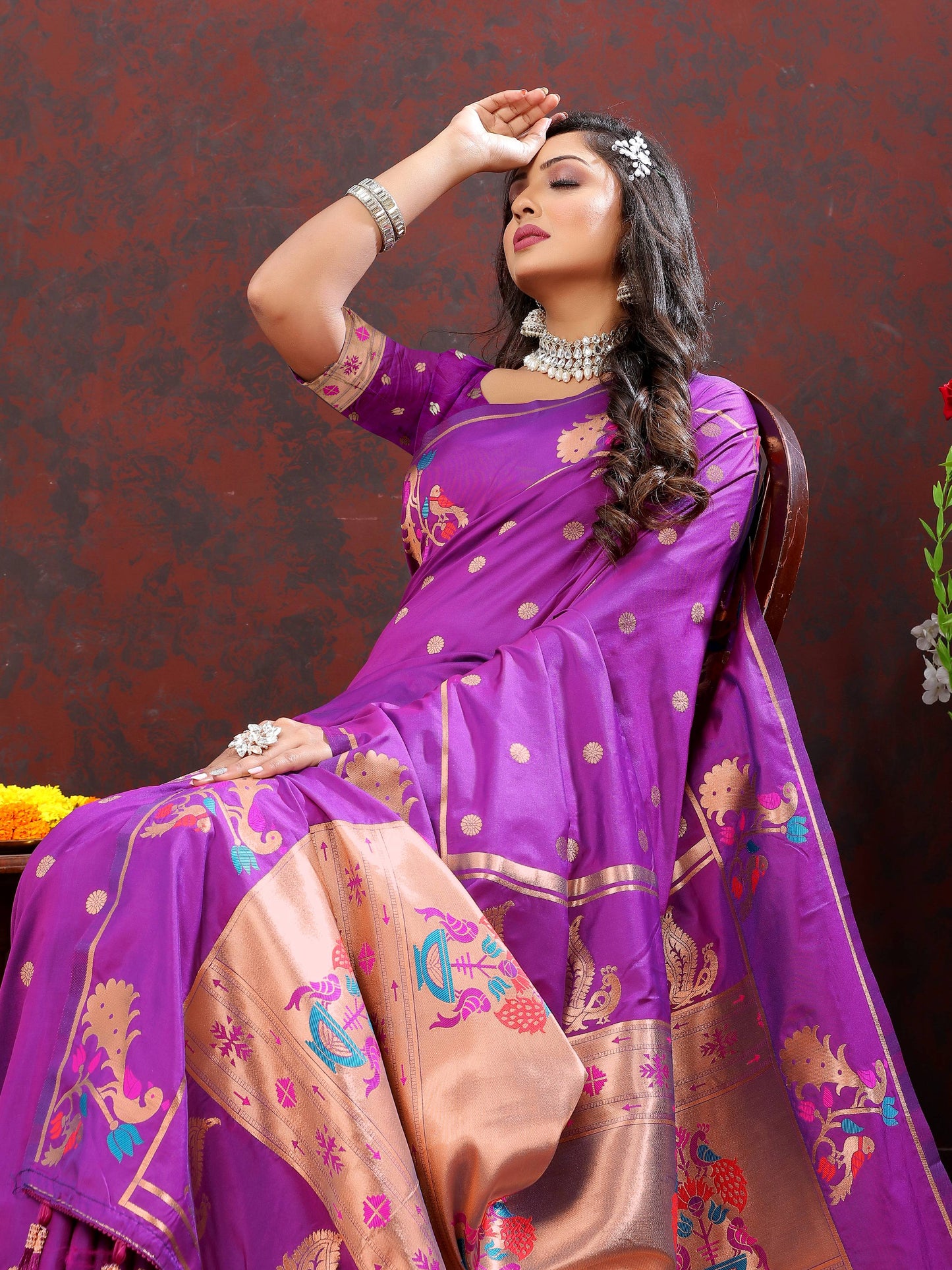 luxurious designer Soft Pethani silk saree with Copper zari weawing motifs and Rich Zari weawing  silk saree