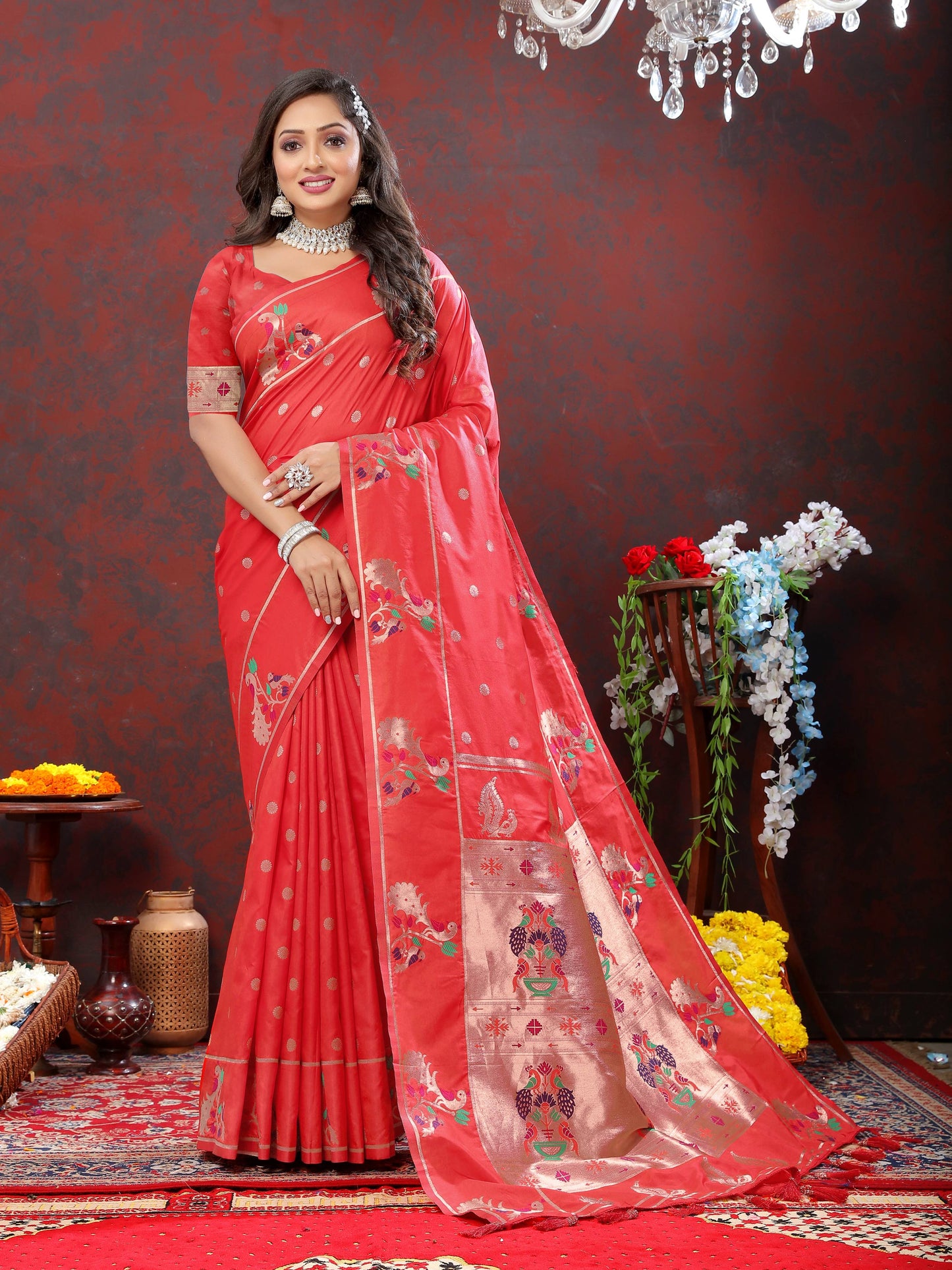 luxurious designer Soft Pethani silk saree with Copper zari weawing motifs and Rich Zari weawing  silk saree