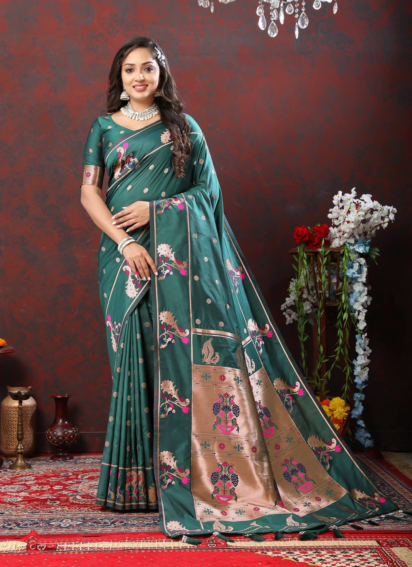 luxurious designer Soft Pethani silk saree with Copper zari weawing motifs and Rich Zari weawing  silk saree