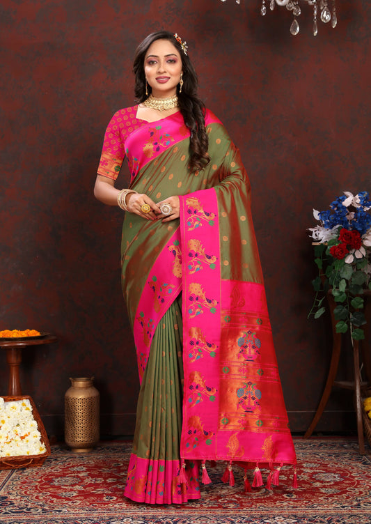 luxurious designer Soft  Paithani  silk saree with zari  weawing design  and  Rich Meenakari  weawing  silk saree