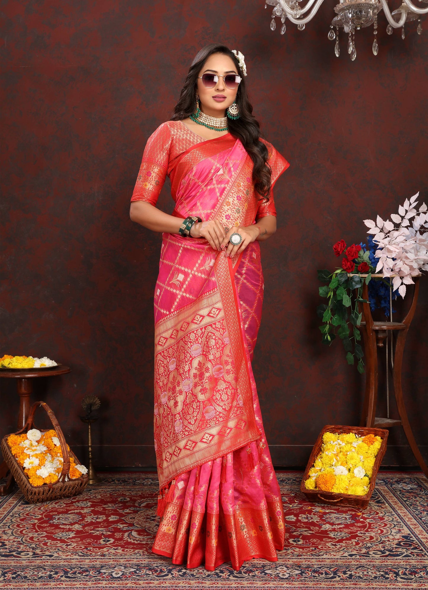 luxurious designer Women's Soft  Organza silk saree with Meenakari  weawing design  and  Rich Meenakari  weawing silk saree