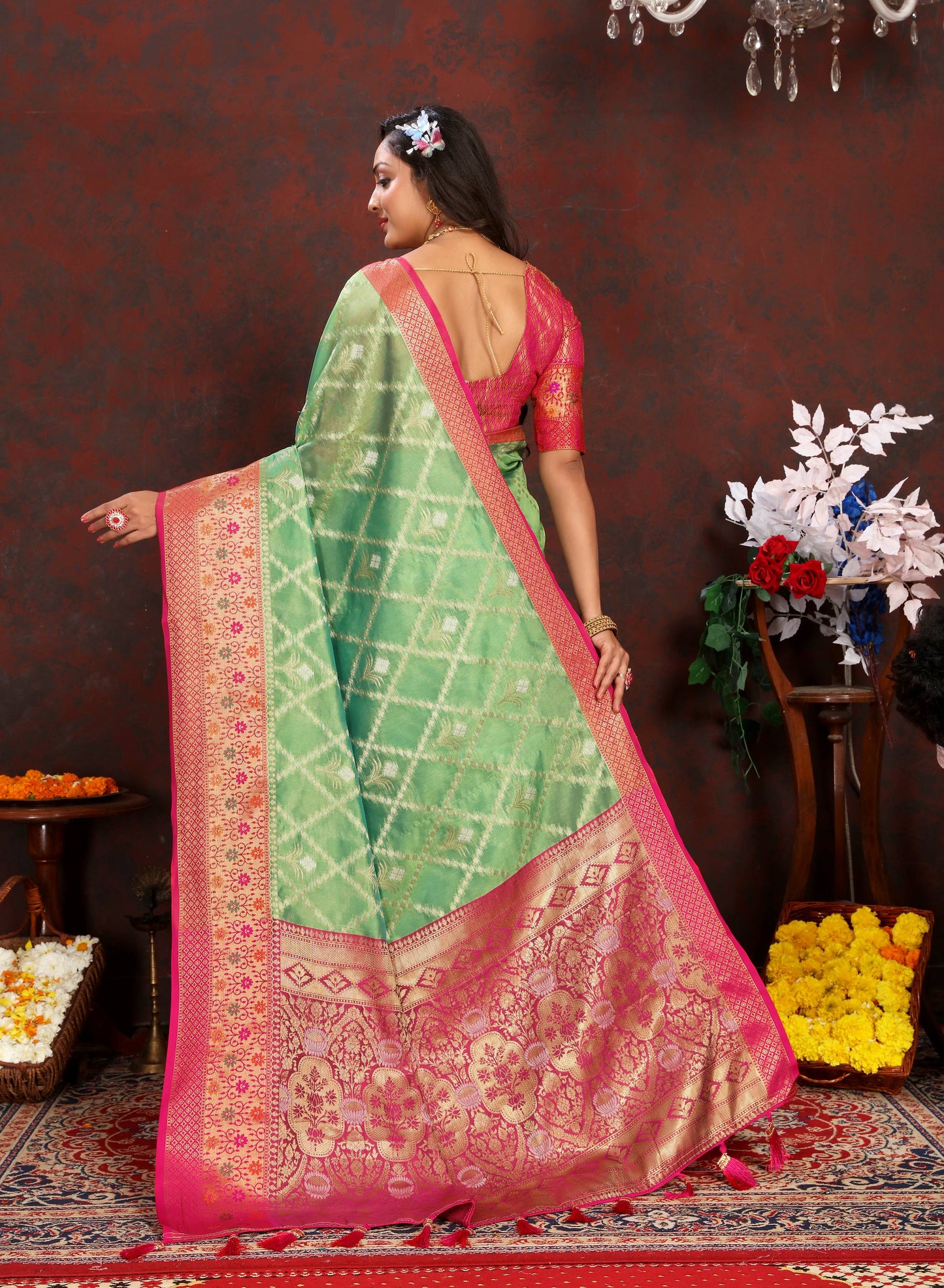 luxurious designer Women's Soft  Organza silk saree with Meenakari  weawing design  and  Rich Meenakari  weawing silk saree