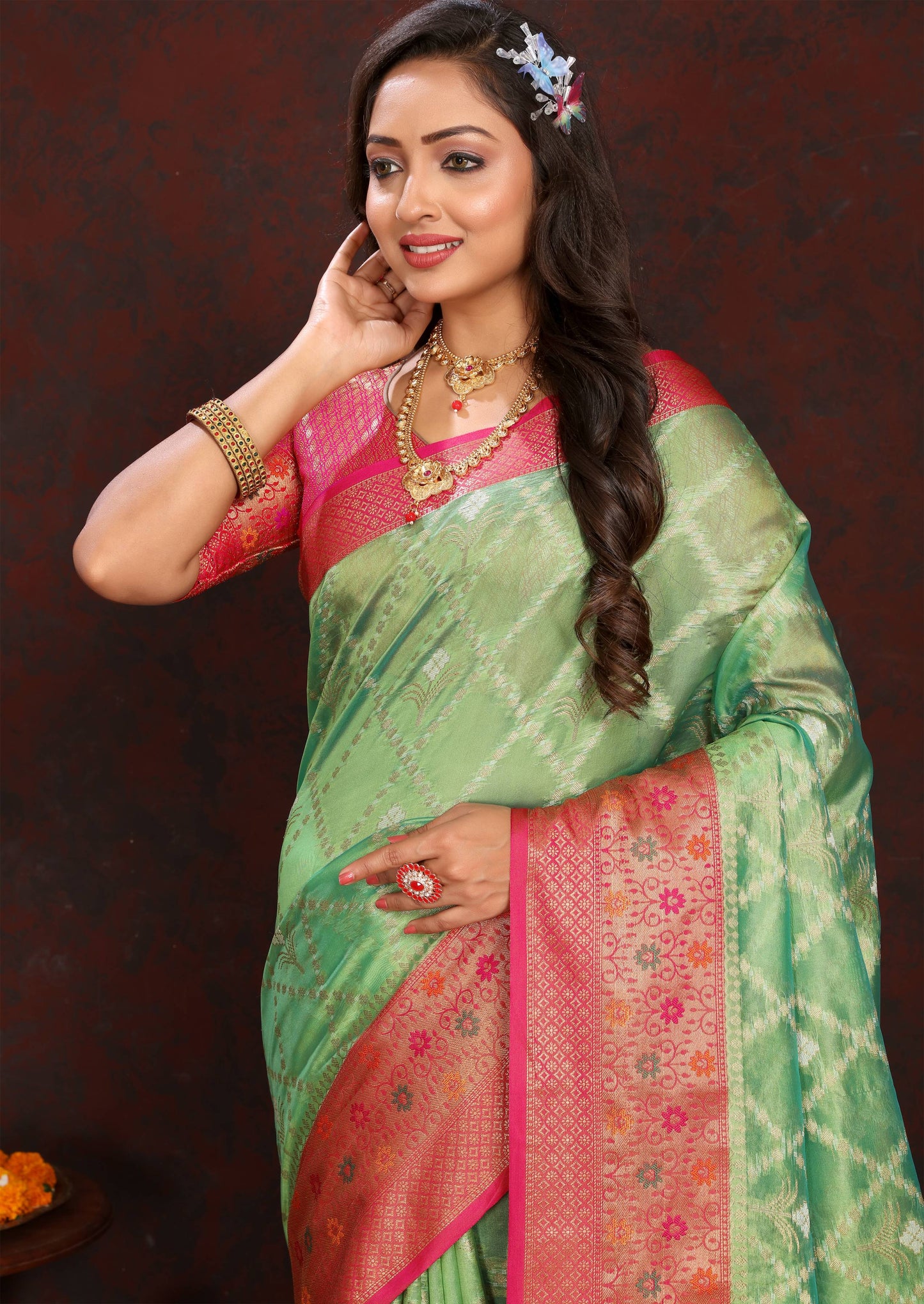 luxurious designer Women's Soft  Organza silk saree with Meenakari  weawing design  and  Rich Meenakari  weawing silk saree