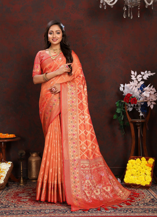 luxurious designer Women's Soft  Organza silk saree with Meenakari  weawing design  and  Rich Meenakari  weawing silk saree